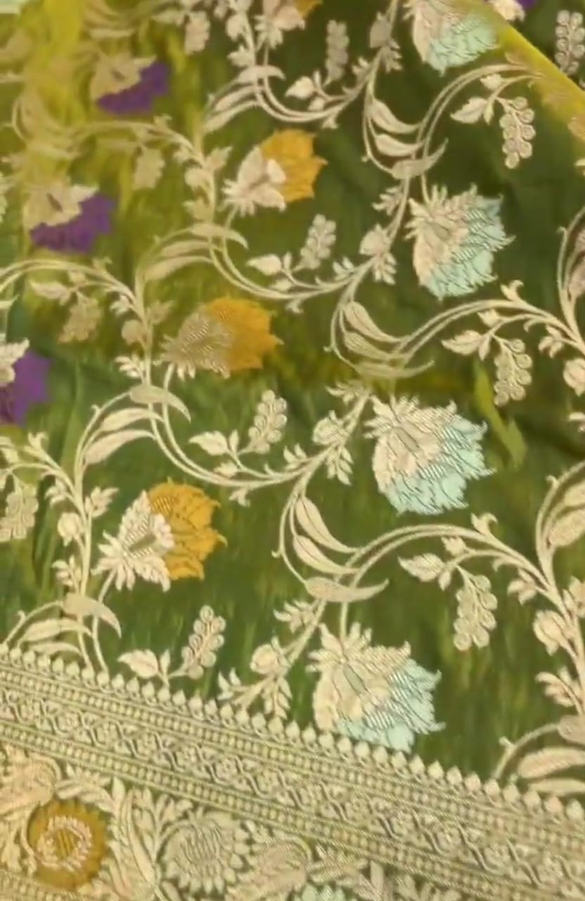 Dual Tone Mehandi Banarasi Handloom Katan Silk Meenakari Saree