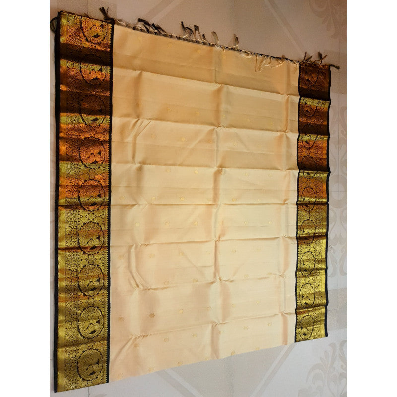 Cream Kanchipuram Handloom 2G Gold Baby Shower Korvai Silk Saree