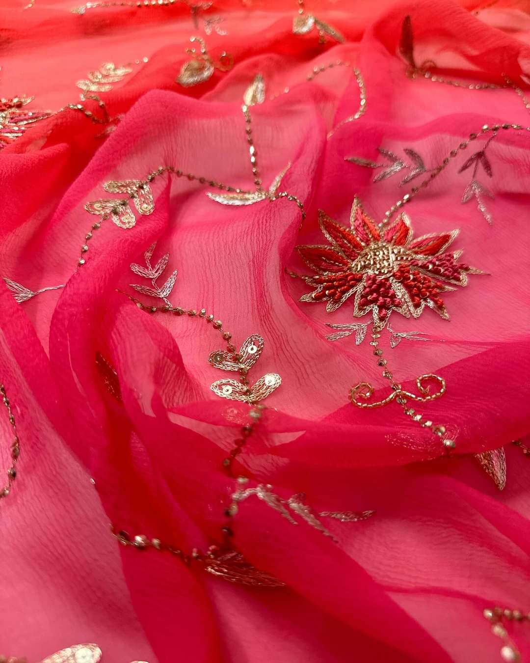 Red Hand Embroidered Diamond Chiffon Silk Saree