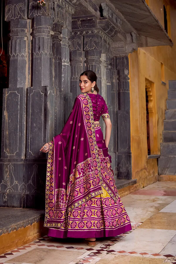 Mustard Yellow Silk Lehenga with Vibrant Ikkat Patterns
