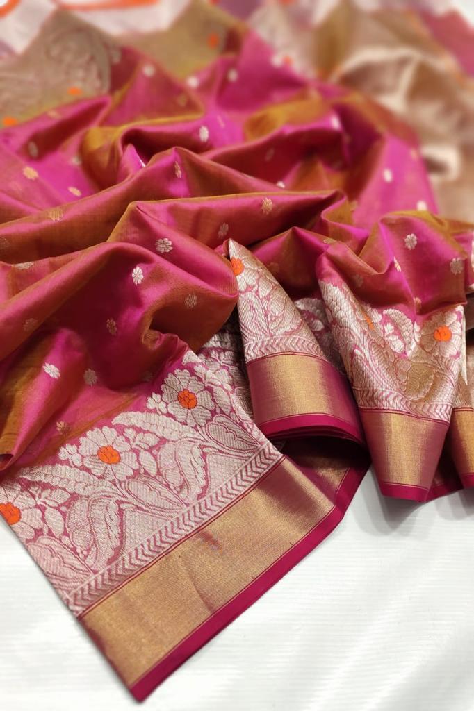Dual Tone Pink Chanderi Handloom Pattu Silk Handwork Saree