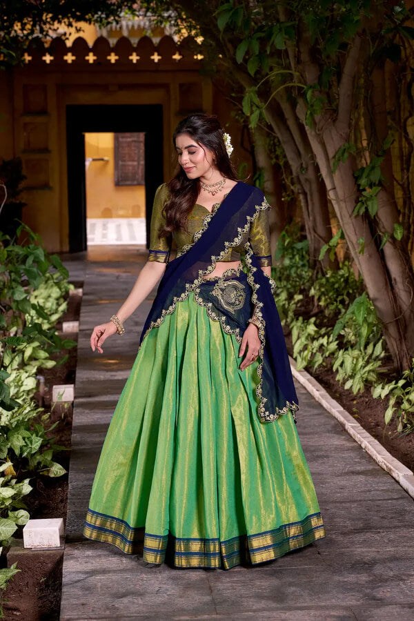 Parrot Green Ethnic Lehenga Choli with Kanchipuram Zari Work