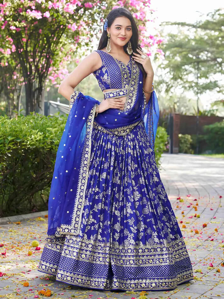 Royal Blue Jacquard Lehenga with Zari & Sequins Work
