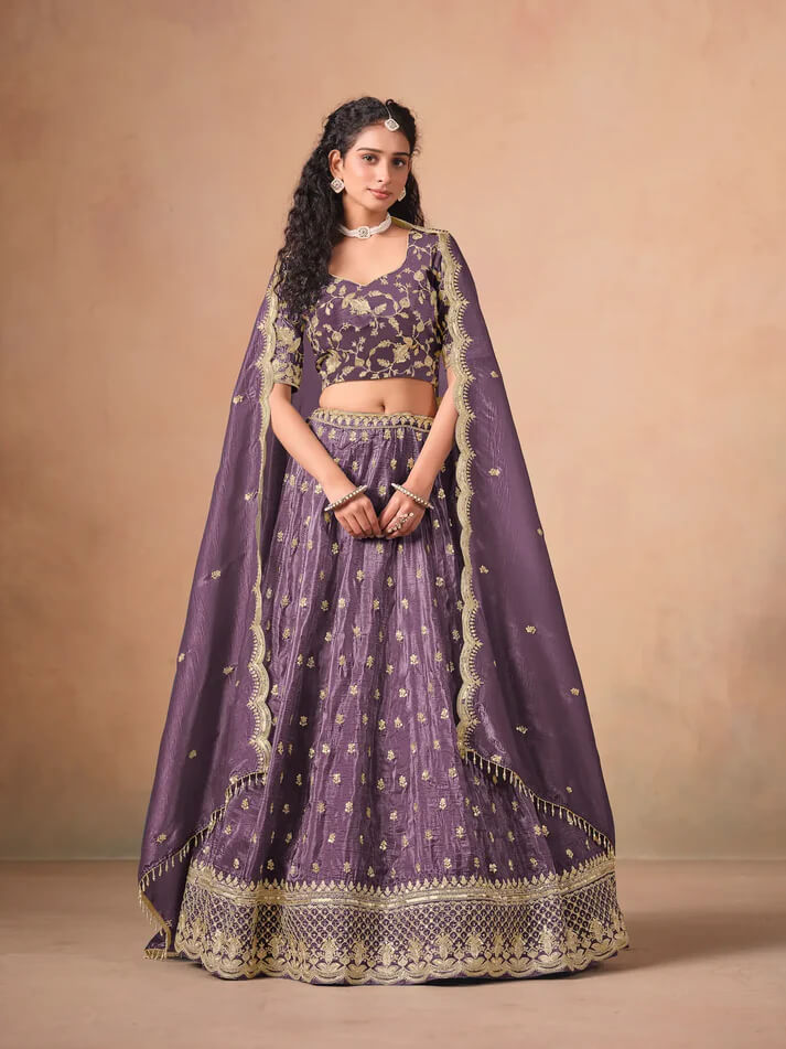 Dusty Purple Organza Lehenga with Embroidery Work