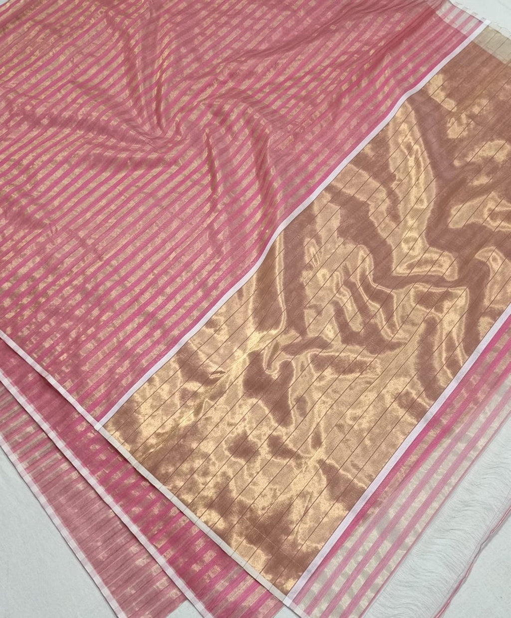Pastel Pink Chanderi Handloom Cotton Silk Striped Saree
