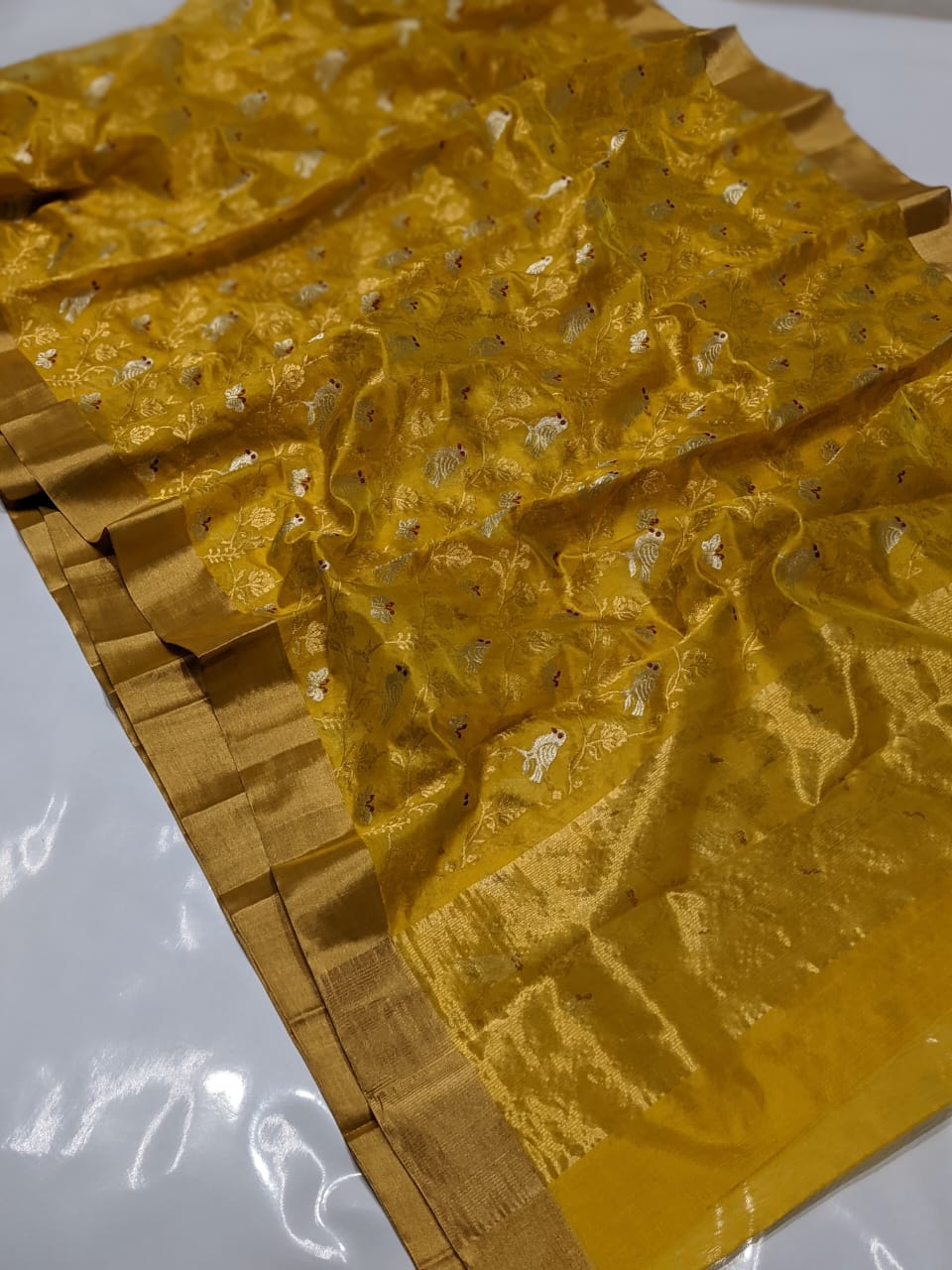 Mustard Yellow Chanderi Handloom Pattu Silk Meenakari Saree