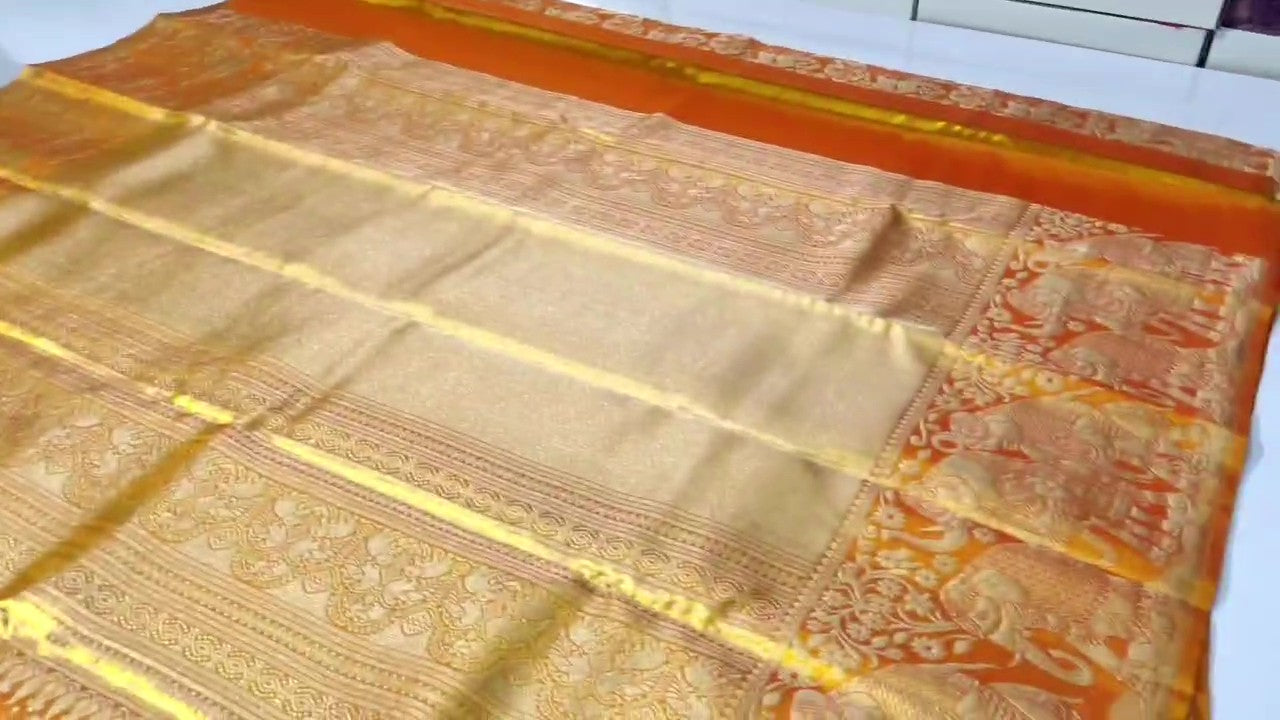 Orange Kanchipuram håndvævet vævsbrokade silkesari