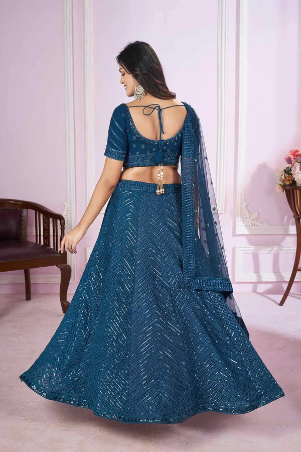 Blue Georgette Lehenga with Sequins & Thread Embroidery