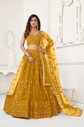 Mustard Embroidered Net Lehenga Choli