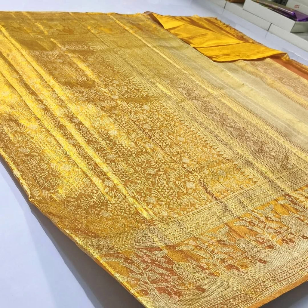 Gold Kanchipuram Handloom Tissue Brocade Bridal Silk Saree