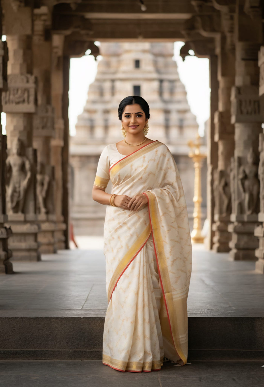 Off White Kanchipuram Handloom 3G Gold Pattu Silk Meenakari Saree