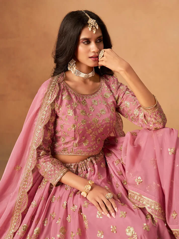 Light Pink Organza Lehenga with Embroidery Work