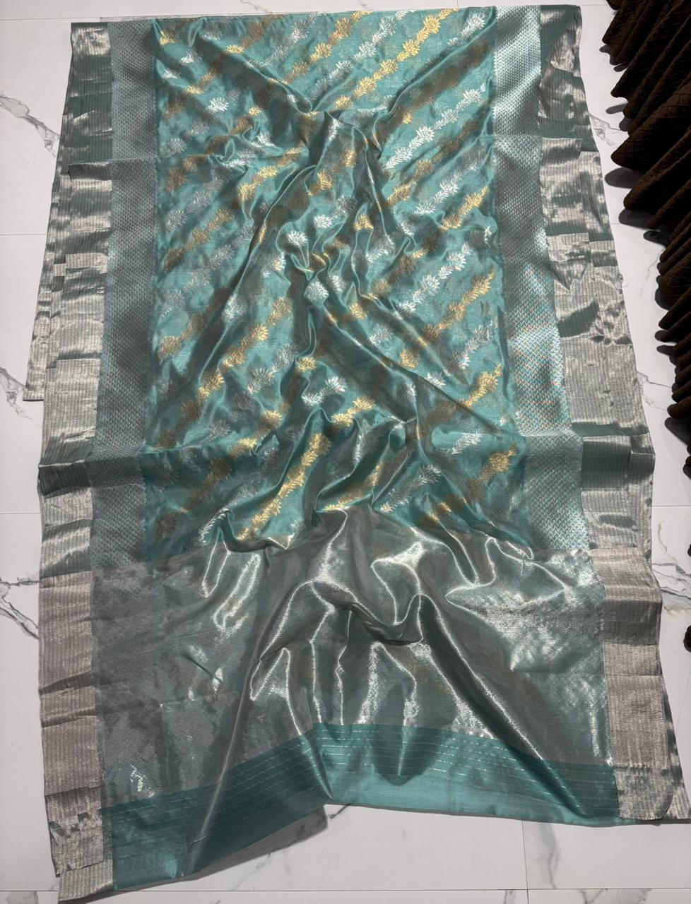 Steel Blue Chanderi Handloom Pattu Silk Handwork Saree