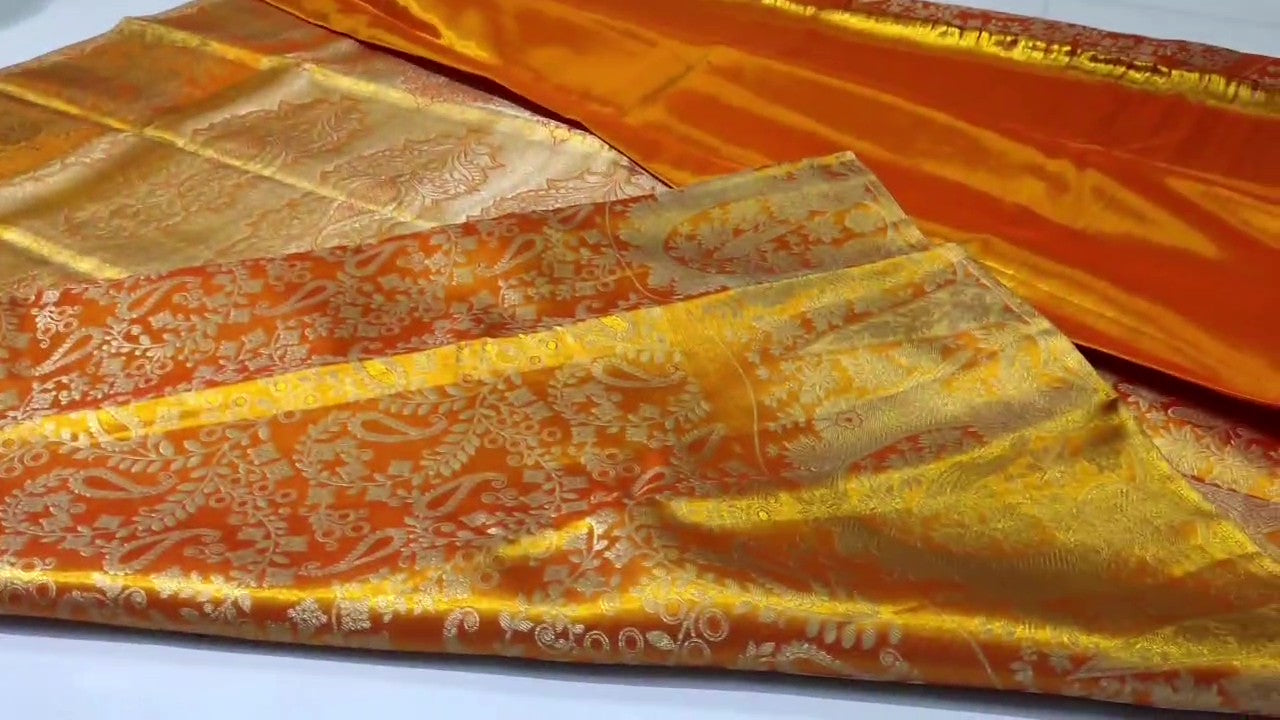 Orange Kanchipuram Handloom Tissue Brocade Silk Saree