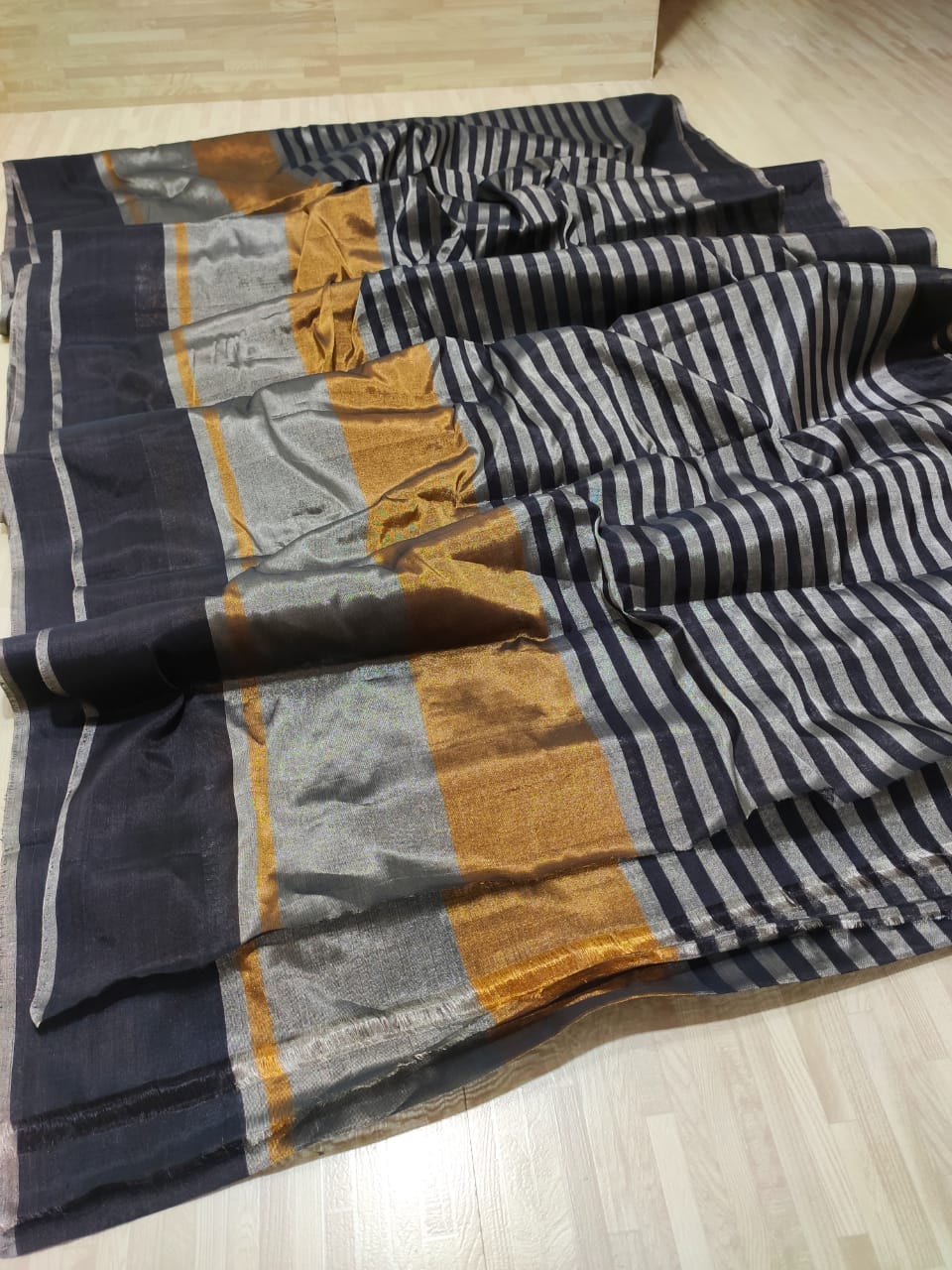 Gold, Silver & Black Chanderi Handloom Metallic Tissue Silk Contemporary Saree