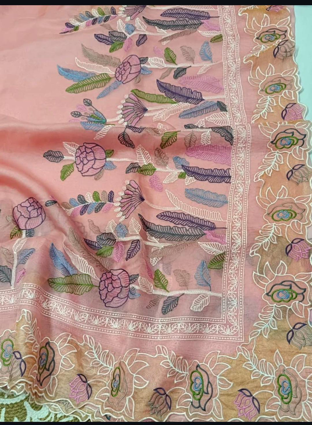 Peach Banarasi Handloom Tissue Silk Paithani Embroidery Saree