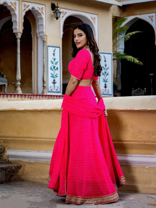 Rani Pink Leheriya Georgette Lehenga with Zari Lace