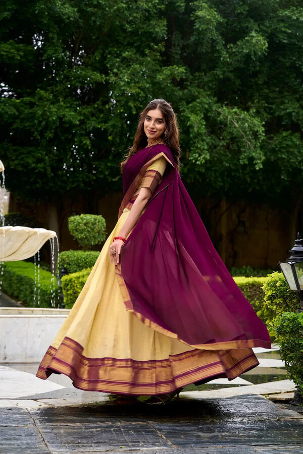 Classic Beige & Wine Zari Woven Silk Lehenga for Weddings