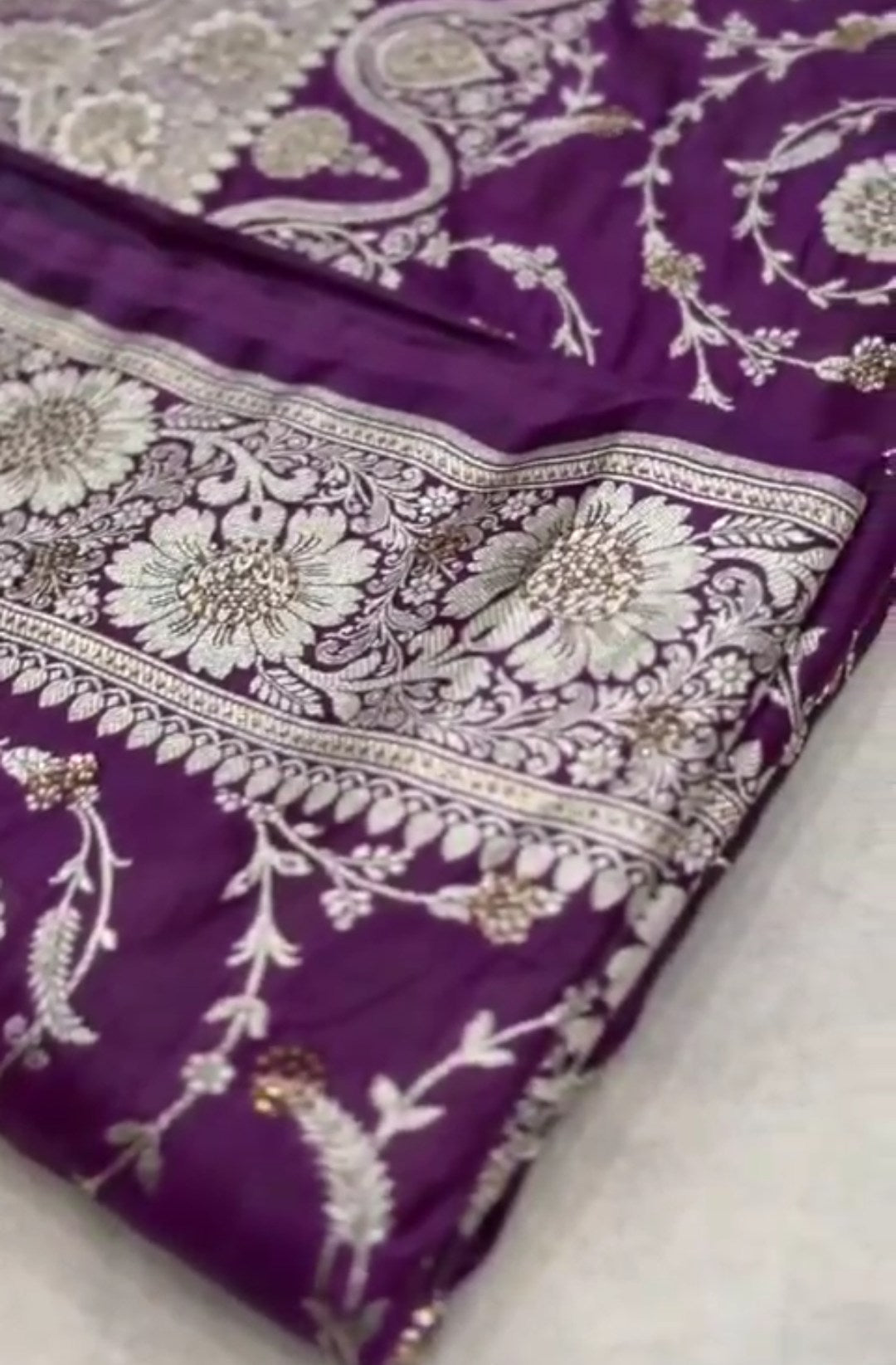 Purple Banarasi Satin Katan Silk Swarovski Jangla Saree