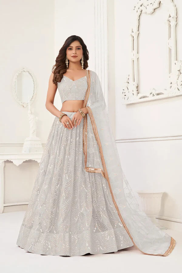 Elegant Off White Sequin & Thread Lehenga