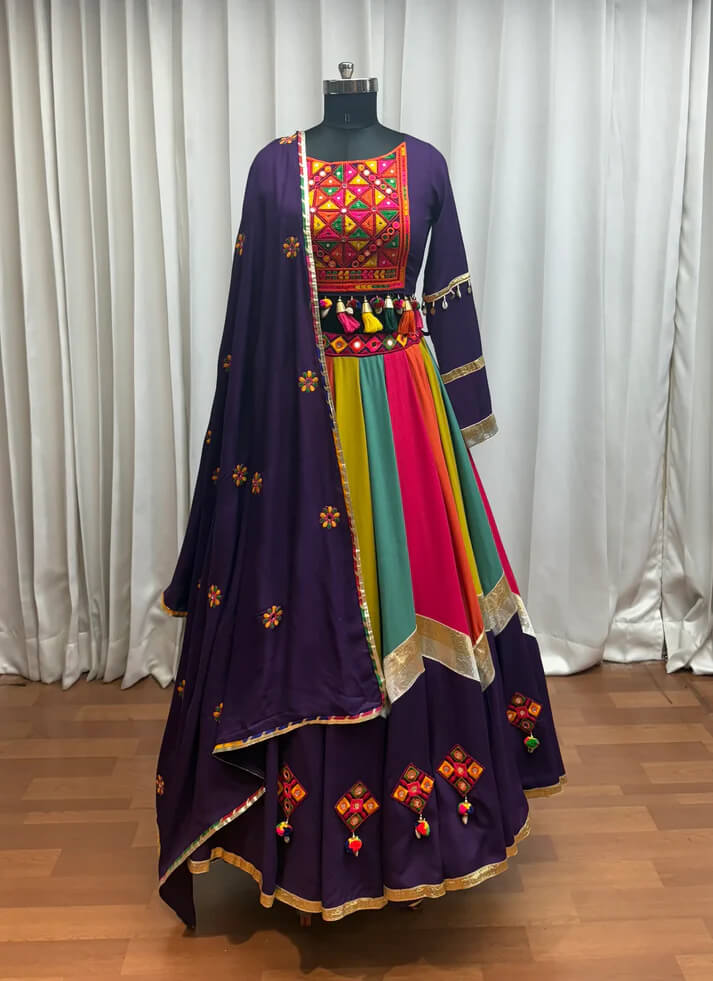 Purple Multi Color Mirror & Thread Work Navratri Lehenga