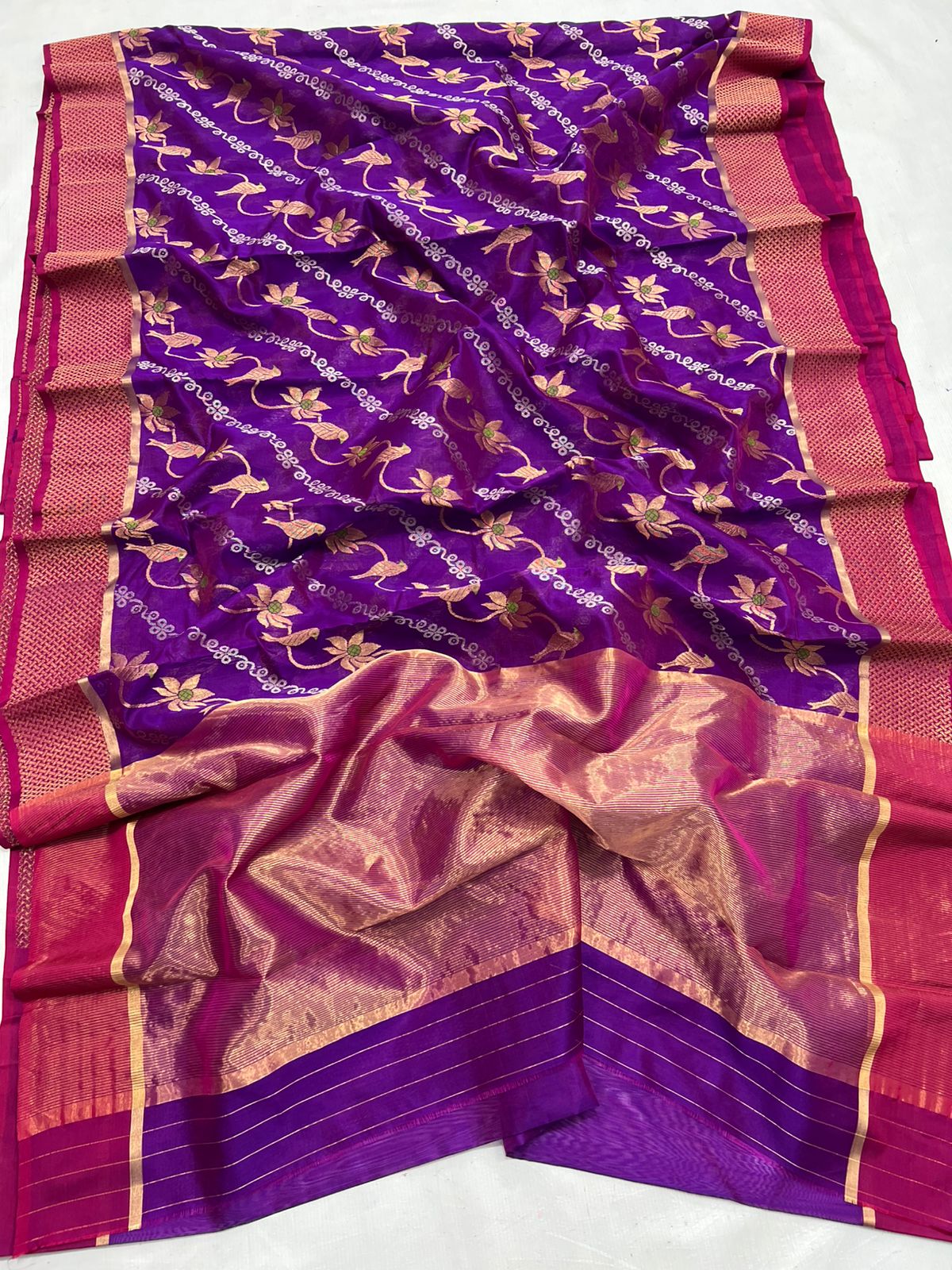 Purple Chanderi Handloom Pattu Silk Meenakari Handwork Saree