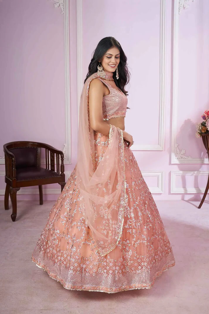 Peach Soft Net Lehenga with Sequins & Zari Embroidery