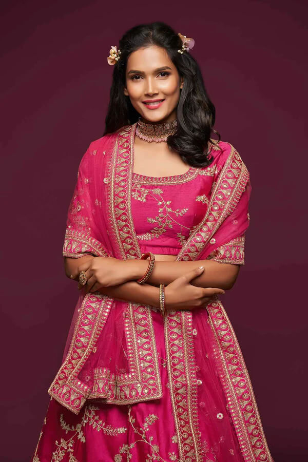 Berry Pink Silk Lehenga with Thread, Zari & Sequins Work