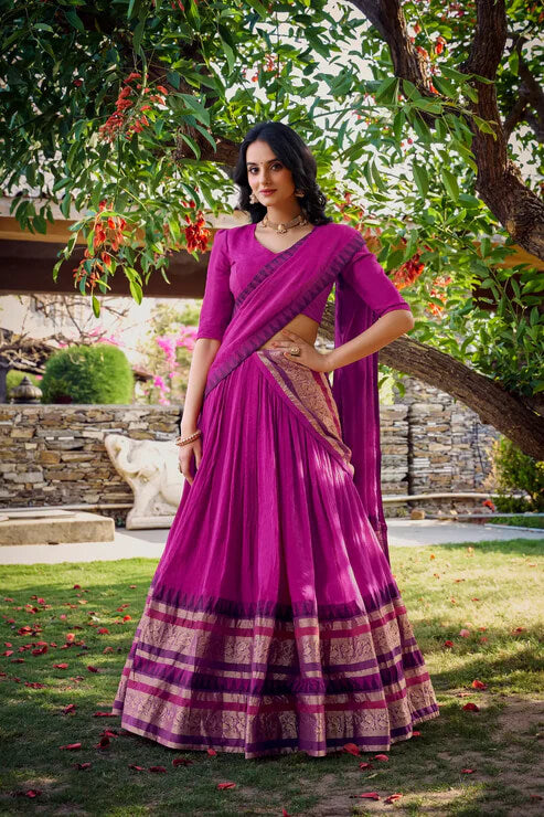 Elegant Pink Chanderi Lehenga Choli with Zari Weaving