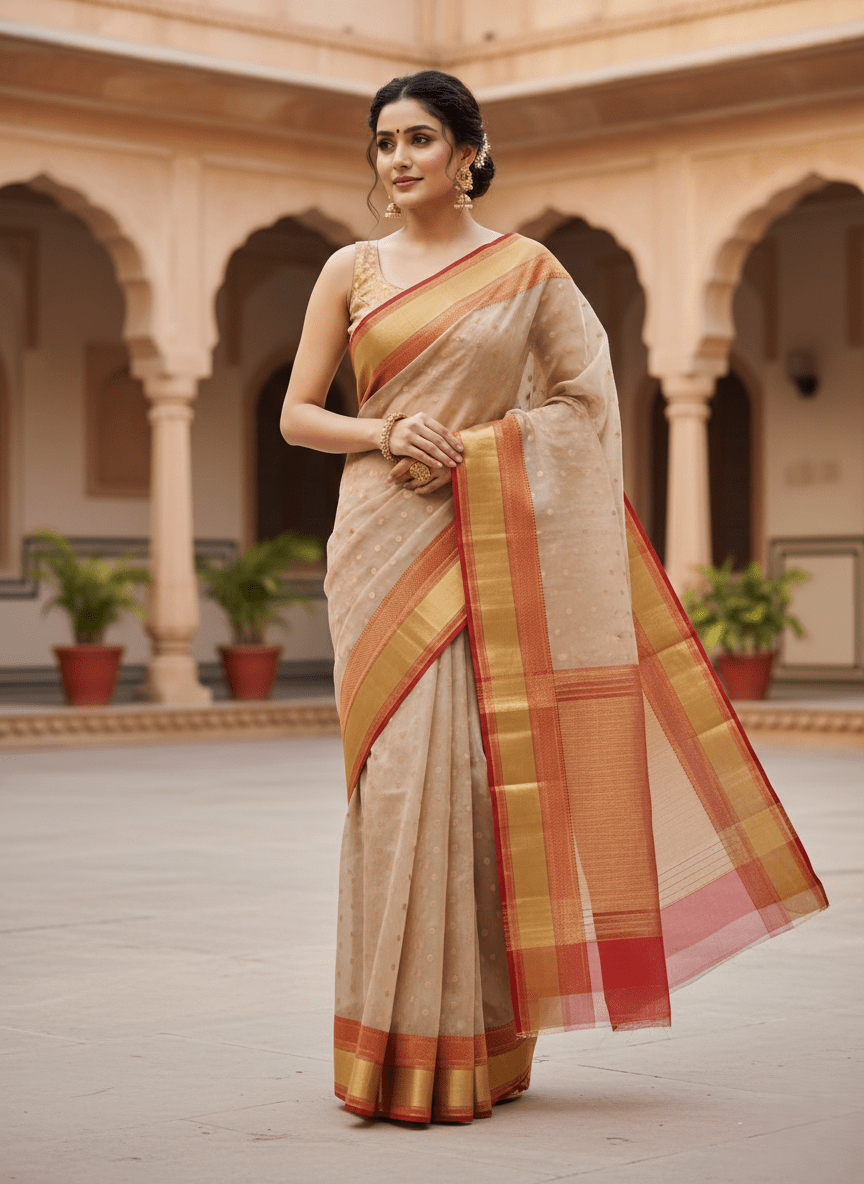 Beige Chanderi Handloom Katan Silk Handwork Saree