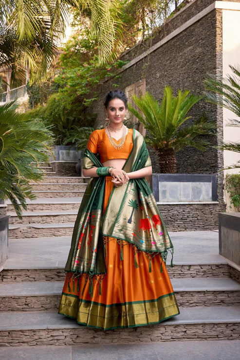 Orange Zari Weaving Paithani Lehenga Choli in Jacquard Silk