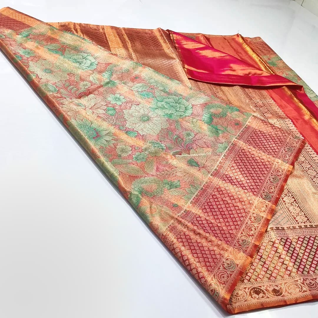 Peach Kanchipuram Handloom 5D Meenakari Tissue Brocade Silk Saree