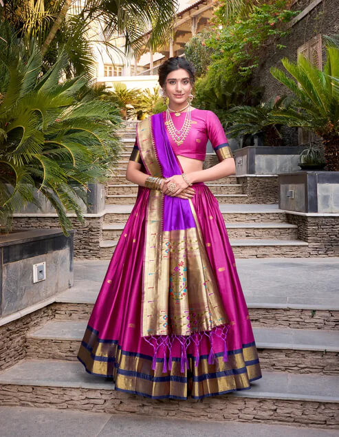 Pink Zari Weaving Paithani Lehenga Choli in Jacquard Silk
