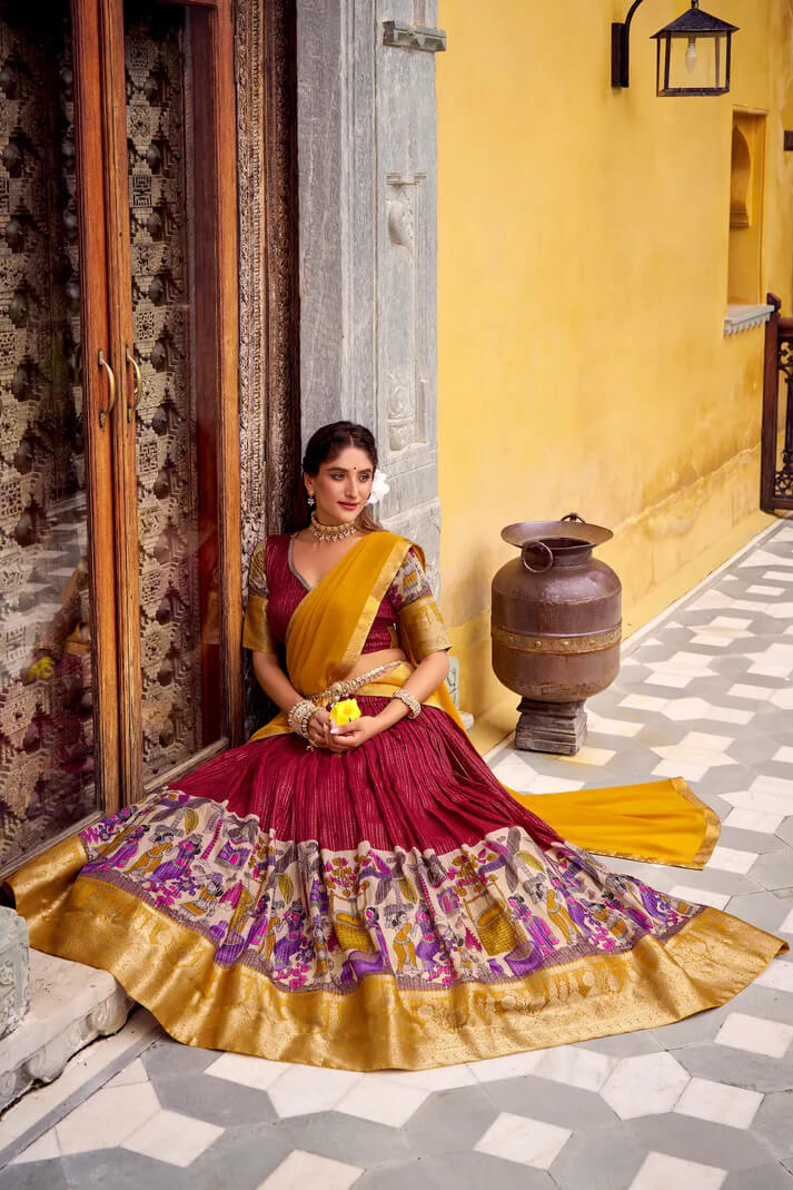 Red Chanderi Lehenga with Kalamkari & Zari Work