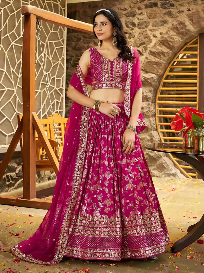 Rani Pink Jacquard Lehenga with Zari & Sequins Work