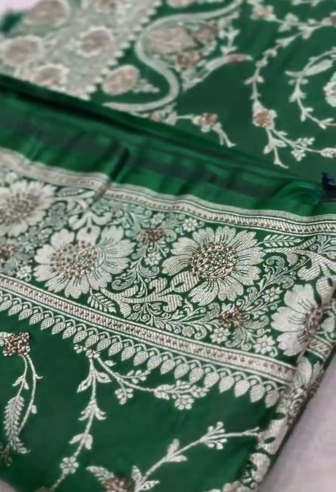 Green Banarasi Satin Katan Silk Swarovski Jangla Saree