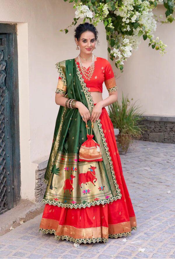 Elegant Bright Red Paithani Silk Lehenga Choli with Zari & Lace