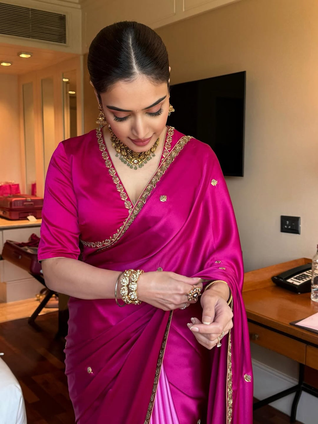 Rani Pink Shaded Hand Embroidered Satin Silk Saree