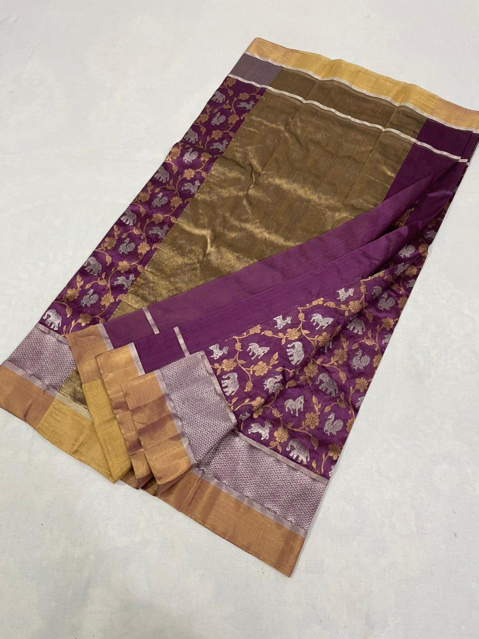 Lilac Chanderi Handloom Pattu Silk Shikargah Handwork Saree