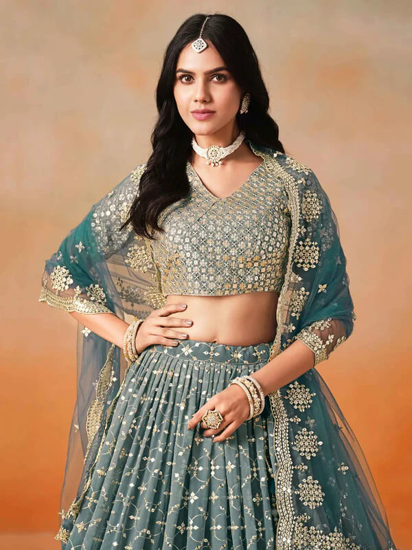 Blue-Grey Gradient Georgette Lehenga with Zari & Sequins