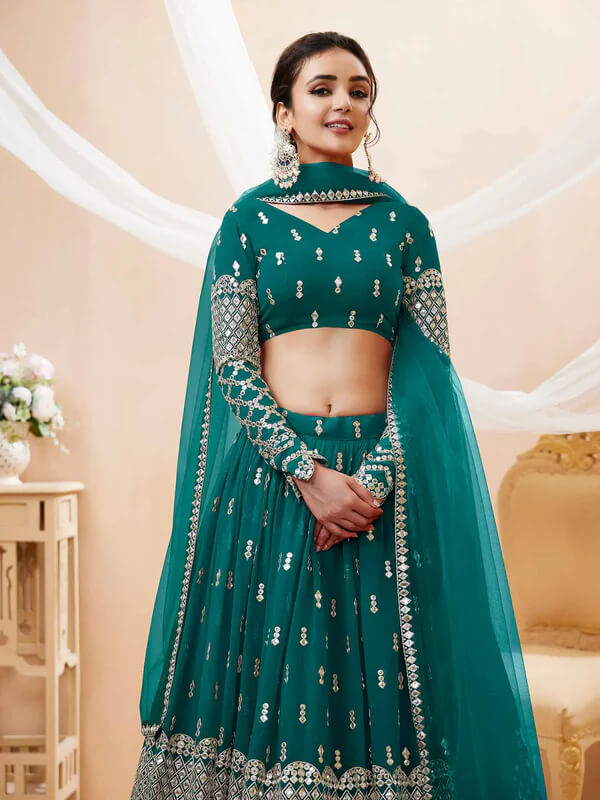 Teal Blue Sequins & Zari Embroidered Georgette Lehenga
