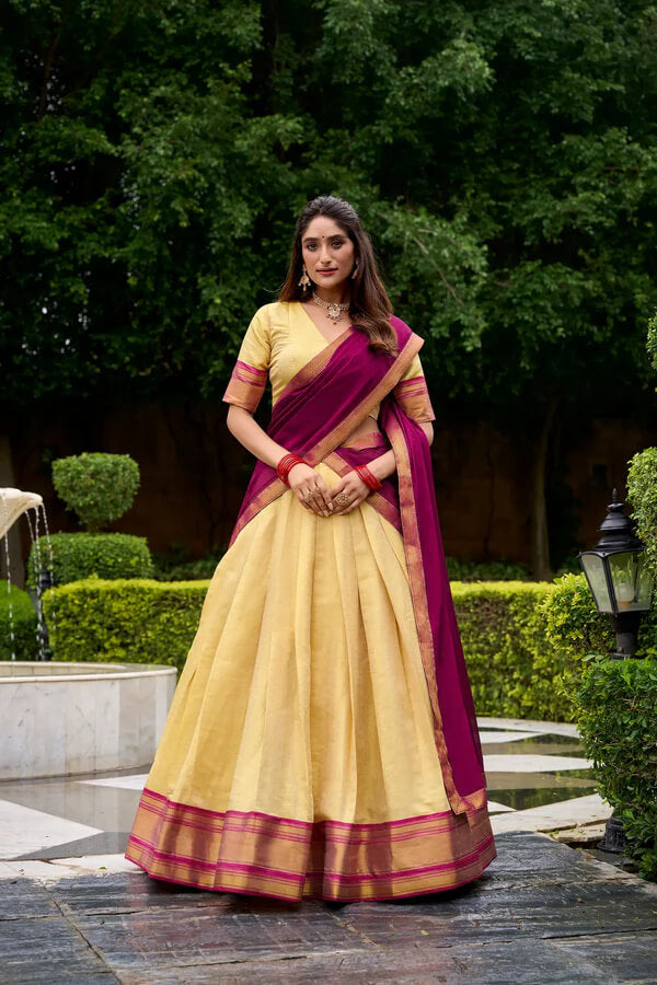Elegant Beige & Dark Pink Kanchipuram Silk Lehenga Choli