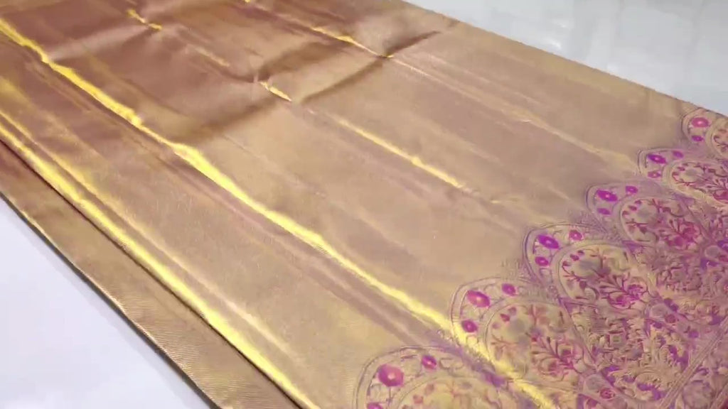 Gold and Hot Pink Kanchipuram Handloom Tissue Brocade Silk Saree
