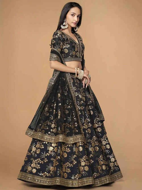 Black Silk Lehenga with Zari, Sequins & Dori Work