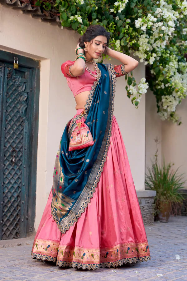 Light Pink Paithani Silk Lehenga Choli with Intricate Lace & Zari