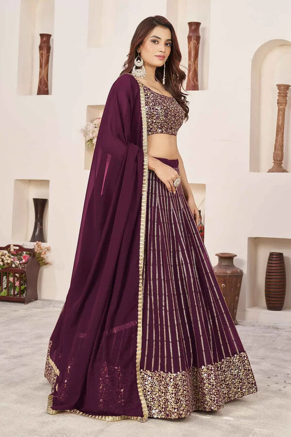 Wine Georgette Lehenga with Sequins & Zari Work
