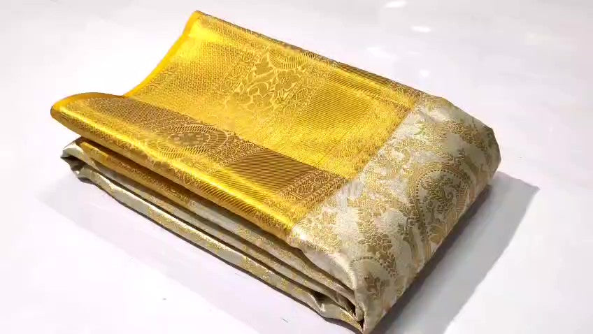 Ivory & Gold Kanchipuram Handloom Tissue Brocade Bridal Silk Saree