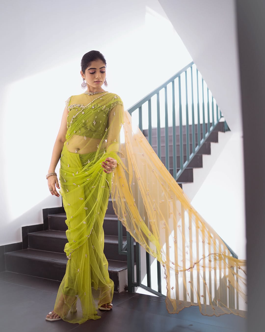 Lime Green Hand Embroidered Soft Net Saree
