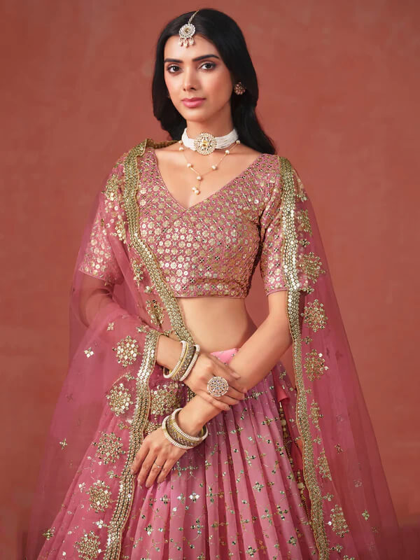 Peach-Pink Gradient Georgette Lehenga with Zari & Sequins