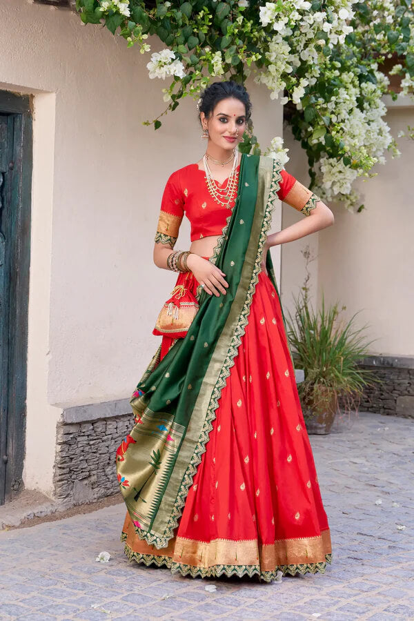 Elegant Bright Red Paithani Silk Lehenga Choli with Zari & Lace